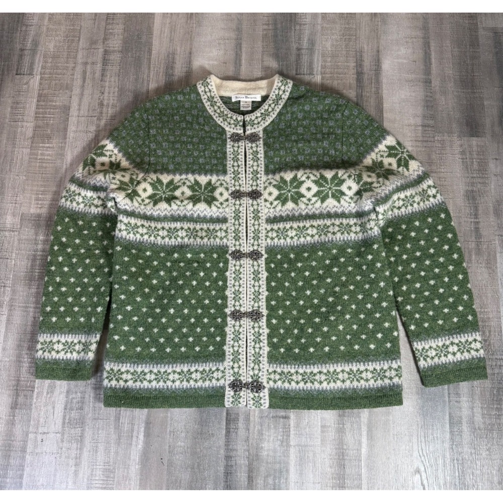Susan Bristol Green Wool Fair Isle Cardigan Nordic Clasp Sweater Womens Medium